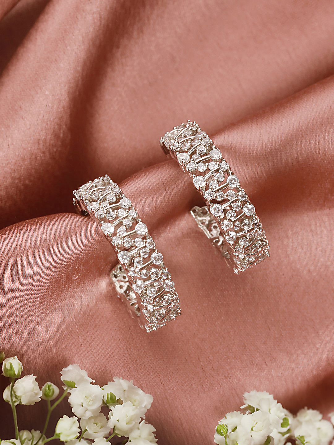 Silver Plated Zircon Studded Minimal Half C Hoops Earrings